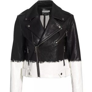 Alice + Olivia Cody Women's Two-Tone Leather Crop Moto Jacket Brush Stripe Small